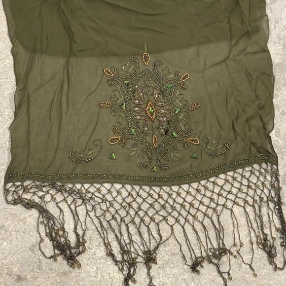 Sue Wong 100% Silk Scarf Shawl Large Army Green Brown Sheer Lace Hand Beaded #1 - Picture 9 of 16